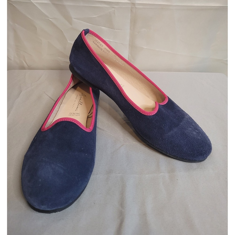 Avellini Women's Blue Suede Slip-On Ballet Flats Round Toe Pink Trim 7.5